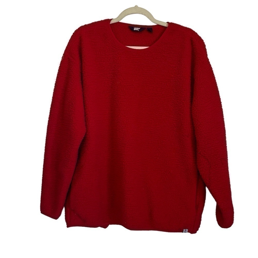 Lands’ End oversized red fuzzy sweater super warm and cozy long sleeve women’s L